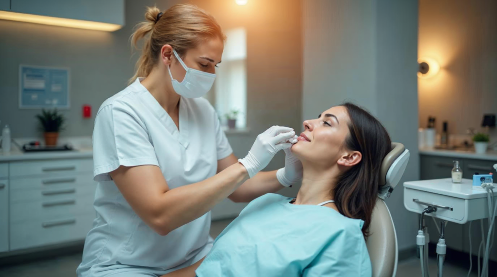 Dentysta bada stawy skroniowo-żuchwowe pacjentki siedzącej na fotelu stomatologicznym w klinice Dental Line w Kielcach.