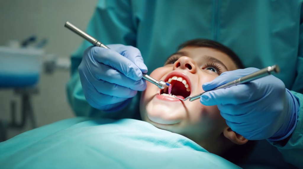 Dentysta nakłada wypełnienie na ząb dziecka podczas zabiegu