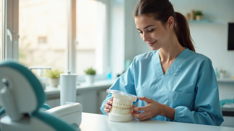 Dentysta w gabinecie Dental Line w Kielcach prezentuje przezroczystą szynę relaksacyjną na gipsowym modelu szczęki pacjenta.