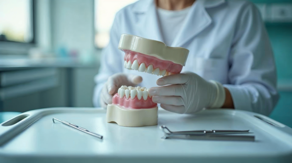 Dłonie dentysty trzymają koronę tymczasową obok modelu zęba w jasnym gabinecie