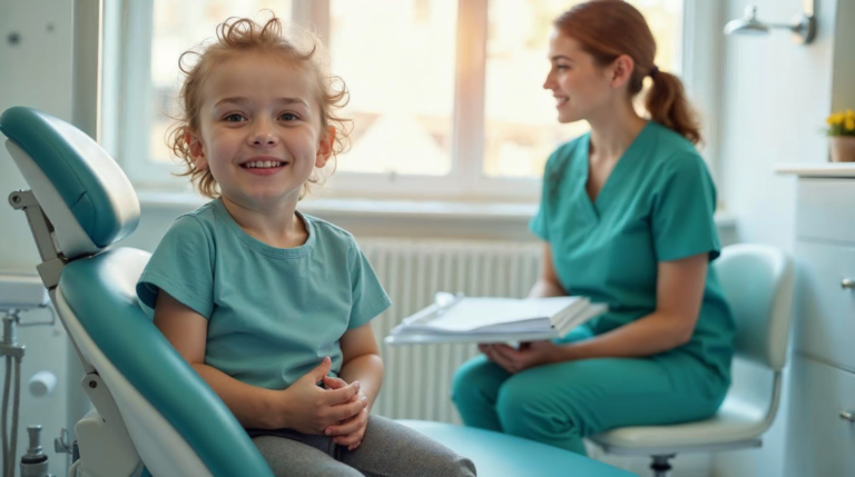 Małe dziecko uśmiecha się na fotelu stomatologicznym w nowoczesnym, jasnym gabinecie stomatologicznym
