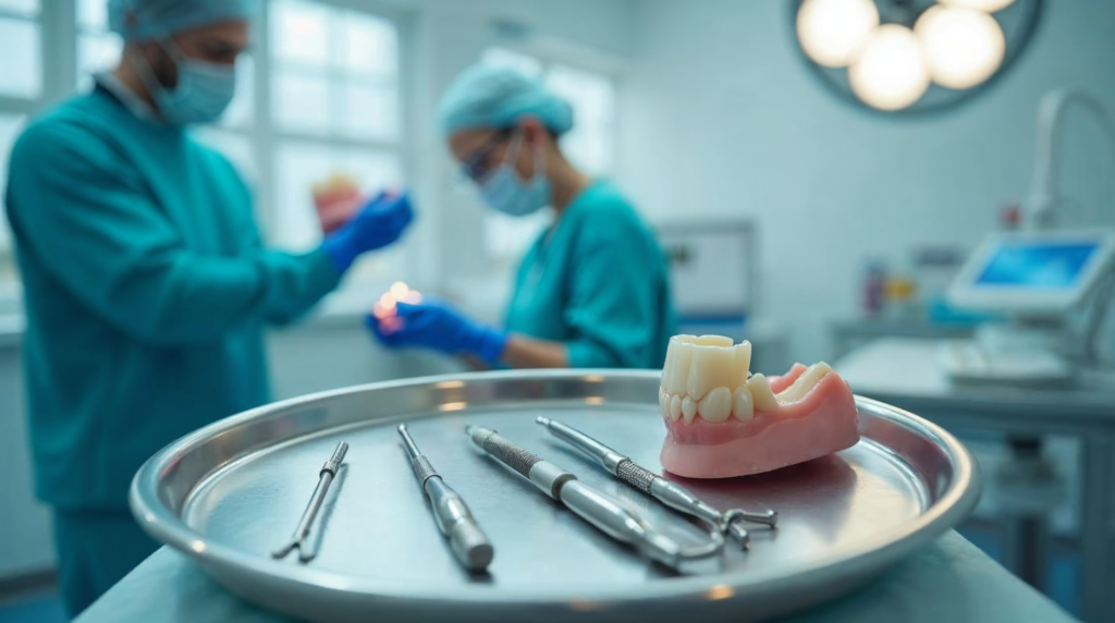 Sterylne narzędzia chirurgiczne na tacy w gabinecie stomatologicznym, w tle stomatolog trzymający model anatomiczny szczęki.