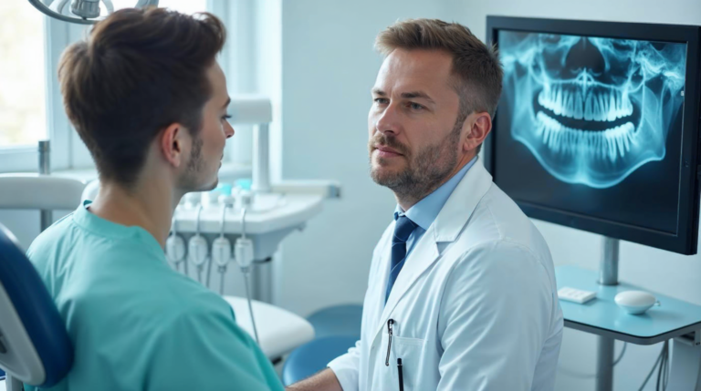 Dentysta w gabinecie ogląda zdjęcie RTG zęba przy lampie zabiegowej