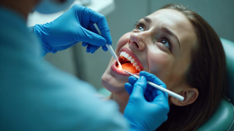Dentysta w maseczce i lupach stomatologicznych aplikuje preparat znoszący nadwrażliwość na zęby pacjenta na fotelu dentystycz