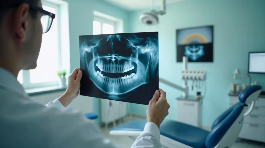 Dentystka analizuje panoramiczne RTG w jasnym gabinecie