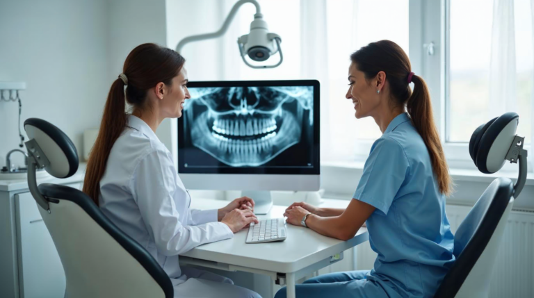 Dentystka analizuje zdjęcie RTG z pacjentem siedzącym w gabinecie
