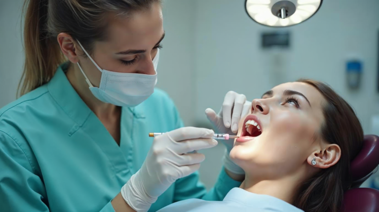 Dentystka ogląda białą plamę na zębie pacjenta w gabinecie przy lampie stomatologicznej
