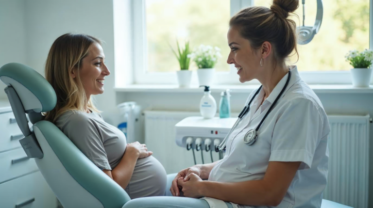 Dentystka rozmawia z ciężarną pacjentką w jasnym gabinecie, obie siedzą przy fotelu stomatologicznym
