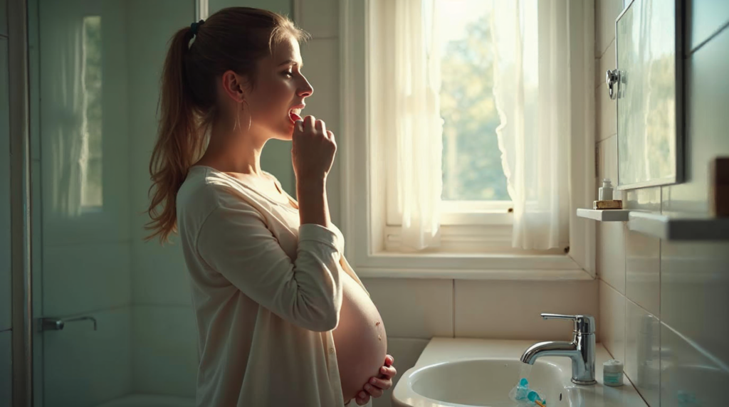 Kobieta w ciąży myje zęby w łazience przy naturalnym świetle