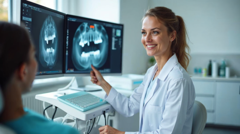 Lekarka analizuje pantomogram i tomografię CBCT przy fotelu stomatologicznym