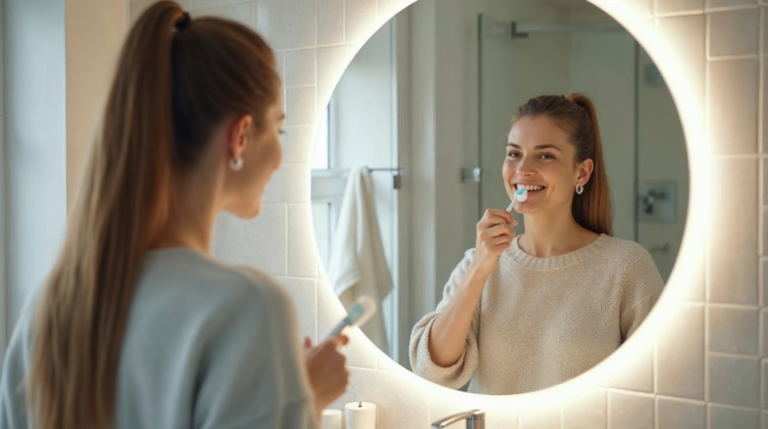 Pacjentka myje zęby w łazience przy jasnym lustrze po zabiegu wybielania