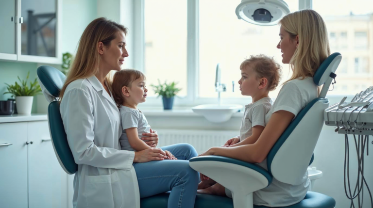 Lekarz rozmawia z matką i małym dzieckiem w jasnym gabinecie stomatologicznym